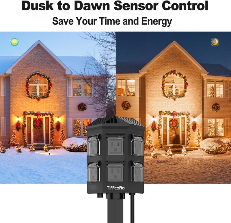 Tiffcofio Outdoor Power Strip Timer, Dusk to Dawn Light Sensor Countdown, 25 Feet Extension Cord Waterproof, 6 Grounded Outlets for Halloween and Christmas Decorations, ETL Listed (25 FT) - Image 5